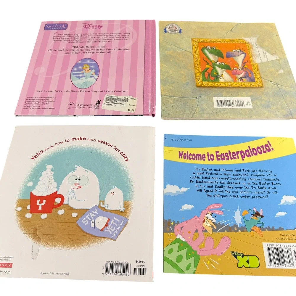 Childrens Book Lot 8ct Disney Cinderella Phineas Ferb Goldilicious Bugs Life Sam